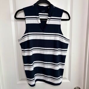 Puma Golf Sleeveless Polo Shirt Navy White Striped V-Neck Top Women's L Nautical